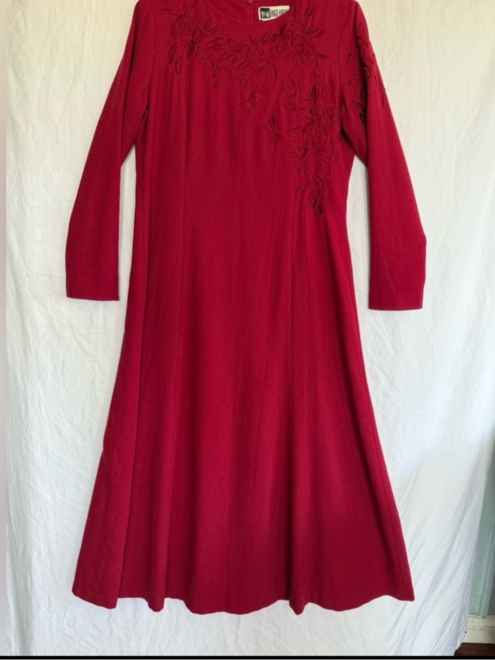 Vintage Sz 14 Berry Red monochrome Embroidered Long Sleeve Dress retro 70s 80s